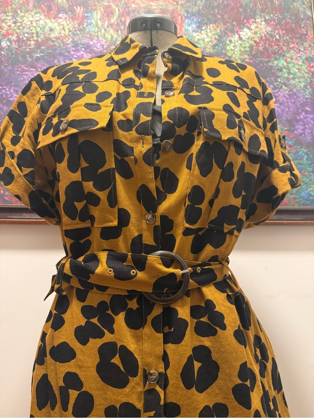 Who What Wear Mustard Yellow and Black Printed Midi Shirt Dress - Picture 3 of 4